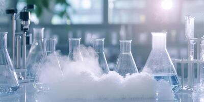 Abstract Science Lab with Beakers and Misty Chemical Reaction photo