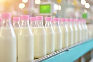 Milk Bottles on Automated Conveyor Belt in Dairy Factory Production Line photo