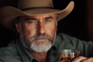 Rugged Cowboy with Hat Enjoying Whiskey in Rustic Setting photo