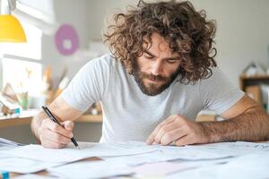Focused Creative Professional Working on Design Project in Home Office photo