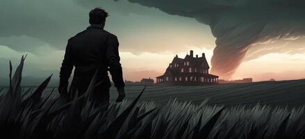 Man Faces Looming Tornado Near Rustic Farmhouse at Sunset photo