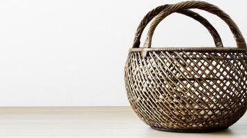 Handcrafted Wicker Basket on Wooden Table Rustic Home Decor and Storage Solution photo