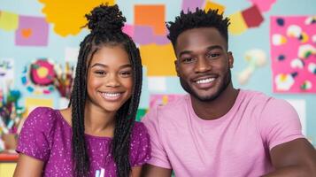 Happy Couple Smiling in Colorful Art Studio Setting photo