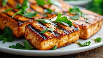 Grilled Tofu with Fresh Herbs on Plate Healthy Plant Based Meal photo