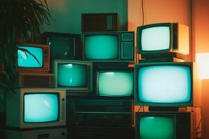 Vintage TV Stack in Retro Room with Warm Lighting and Green Glow photo
