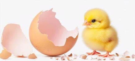 Newborn Yellow Chick Emerging from Eggshell Against White Background photo