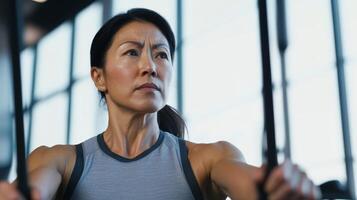 Focused Woman Exercising with Resistance Bands in Gym photo