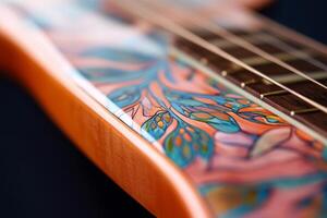 Vibrant Artistic Guitar with Intricate Floral Design Close Up photo