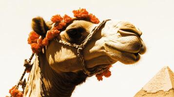 Decorated Camel Portrait Against a Desert Backdrop Capturing Traditional Charm photo