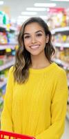 Smiling Woman in Yellow Sweater Shopping in Grocery Store Aisle with Red Basket photo