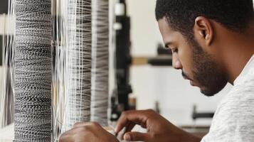 Focused Artisan Weaving at Loom Skillful Textile Creation in Modern Workshop photo
