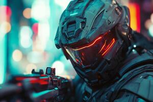 Futuristic Soldier in Cityscape with Neon Lights and Advanced Armor photo