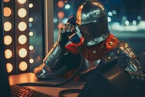 Knight in Shining Armor Talking on Retro Telephone in Modern Setting photo