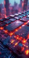 Closeup of Wet Computer Motherboard with Glowing Circuitry in Futuristic Cityscape photo
