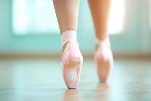 Close Up of Ballerina s Feet in Pointe Shoes on Polished Floor photo