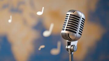Vintage Microphone Capturing Melodic Notes Against World Map Background photo