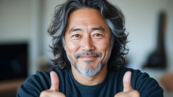 Smiling Middle Aged Man Giving Thumbs Up Gesture in Casual Setting photo