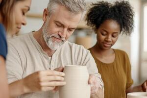 Experienced Potter Crafting Ceramic Vase with Engaged Students in Artisan Workshop photo