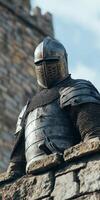 Medieval Knight in Armor Standing on Ancient Castle Wall photo