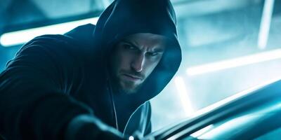 Mysterious Hooded Figure in Dimly Lit Urban Setting photo
