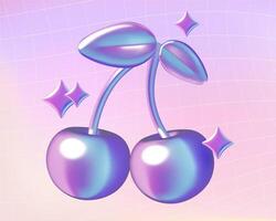 Cherry holographic 3d sticker with sparkles on gradient background vector