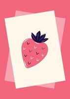 Valentine's Day Card with Pink strawberry in frame. Simple cute greeting card on pink background. illustration. vector