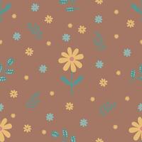 Seamless spring pattern with yellow chamomile, daisies and green twigs on a mocha mousse color background vector