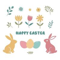 Set of Easter elements rabbit, eggs, flowers, tulip, chamomile, leaves, twigs vector