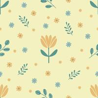 Seamless spring pattern with yellow tulips, daisies and green twigs on a yellow background vector