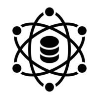 A black and white logo of an atom with people around it vector