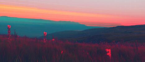 Glitch landscape depicting distorted nature and warped scenery at sunset photo