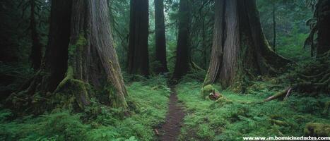 Mystical journey through ancient old growth forest with towering trees and lush greenery photo