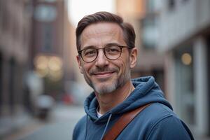 Portrait of Middle-Aged Man in Blue Hoodie and Eyeglasses photo