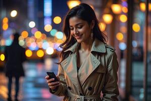 Woman Using Smartphone in City at Night photo