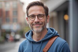 Portrait of Middle-Aged Man Wearing Glasses and Hooded Sweatshirt photo