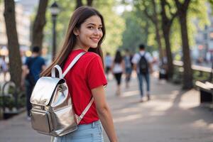 Young Woman with Silver Backpack on City Sidewalk photo