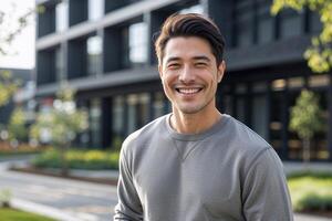 Portrait of Smiling Man in Grey Sweatshirt Outdoors photo