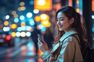Woman Using Smartphone at Night in City Setting photo