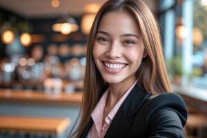 Smiling Woman in Blazer at bar photo
