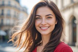 Portrait of Smiling Woman with Brown Hair and Red Shirt photo