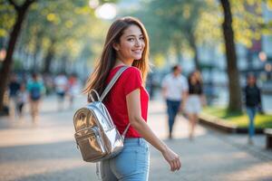 Young Woman with Silver Backpack Walking on City Street photo