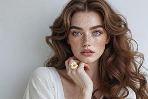 Portrait of Freckled Woman with Auburn Hair and Daisy photo