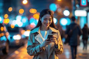 Young Woman Using Smartphone on City Street at Night photo
