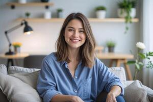 Young Woman Smiling on Couch in Home Office Setting photo