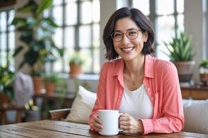 Woman with Glasses and Mug at Wooden Table photo