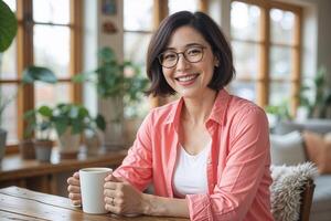 Smiling Woman with Coffee in Bright Interior photo