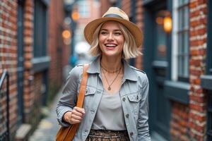 Blonde Woman in Straw Hat Walking Down Brick Alleyway photo
