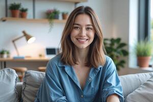 Smiling Woman in Blue Shirt Sitting on Couch in Home Office Setting photo