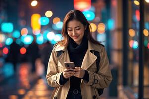 Young Woman Using Smartphone at Night in Urban Setting photo