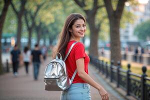 Young Woman with Silver Backpack Walking on a Path photo